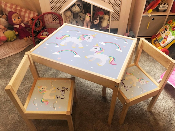 unicorn wooden table and 2 chairs