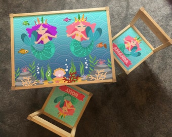 Personalised Children's Ikea LATT Wooden Table and 2 Chairs Printed Mermaid UnderWater Seaside Beach Holiday Sea Play Aquaman Kids Boy Girl