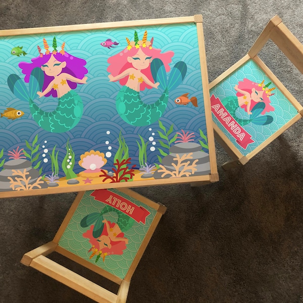 Personalised Children's Ikea LATT Wooden Table and 2 Chairs Printed Mermaid UnderWater Seaside Beach Holiday Sea Play Aquaman Kids Boy Girl