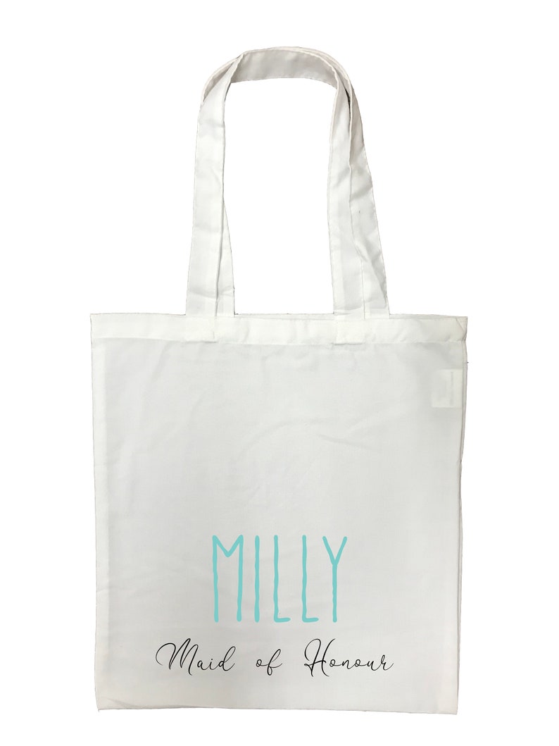 Your Name Unique Bride tribe Blue Personalised Maid of Honour Tote Bag Hen Party Blue Writing Wedding Gift