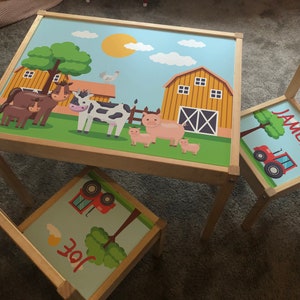 Personalised Children&#39;s Ikea LATT Wooden Table and 2 Chairs Printed Farm Animals
