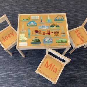 Personalisierter Kinder Ikea LATT Holztisch und 3 Stühle Gedruckt USA Amerikanische Sehenswürdigkeiten, Lernen, Schreibtisch, Schule, Kinder, Geographie