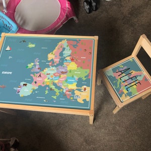Personalisiertes Kinder Sticker Set für Ikea LATT Holztisch und 1 Stuhl Europa Karte mit Sehenswürdigkeiten, Lernen, Schule, Kinder, Geografie