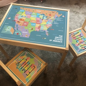 Personalisiertes Kinder Sticker Set für Ikea LATT Holztisch und 2 Stühle USA Karte mit Sehenswürdigkeiten, Lernen, Schule, Kinder, Geografie