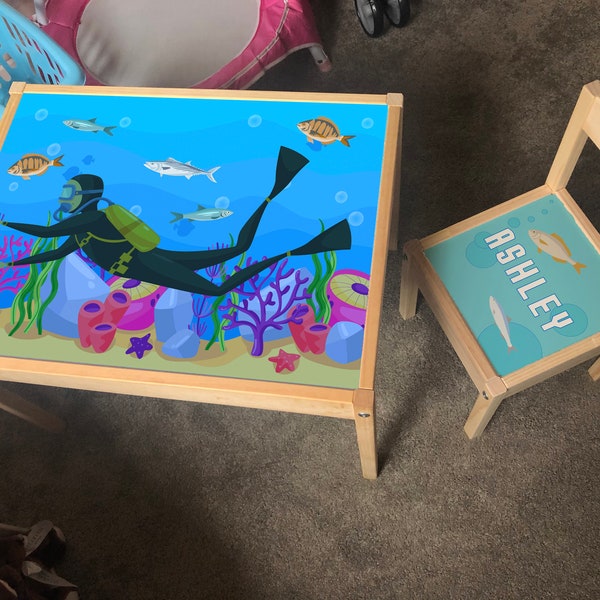Personalised Children's Ikea LATT Wooden Table and 1 Chair Printed Scuba UnderWater Seaside Beach Holiday Sea Play Map Mat Kids Girls Boys