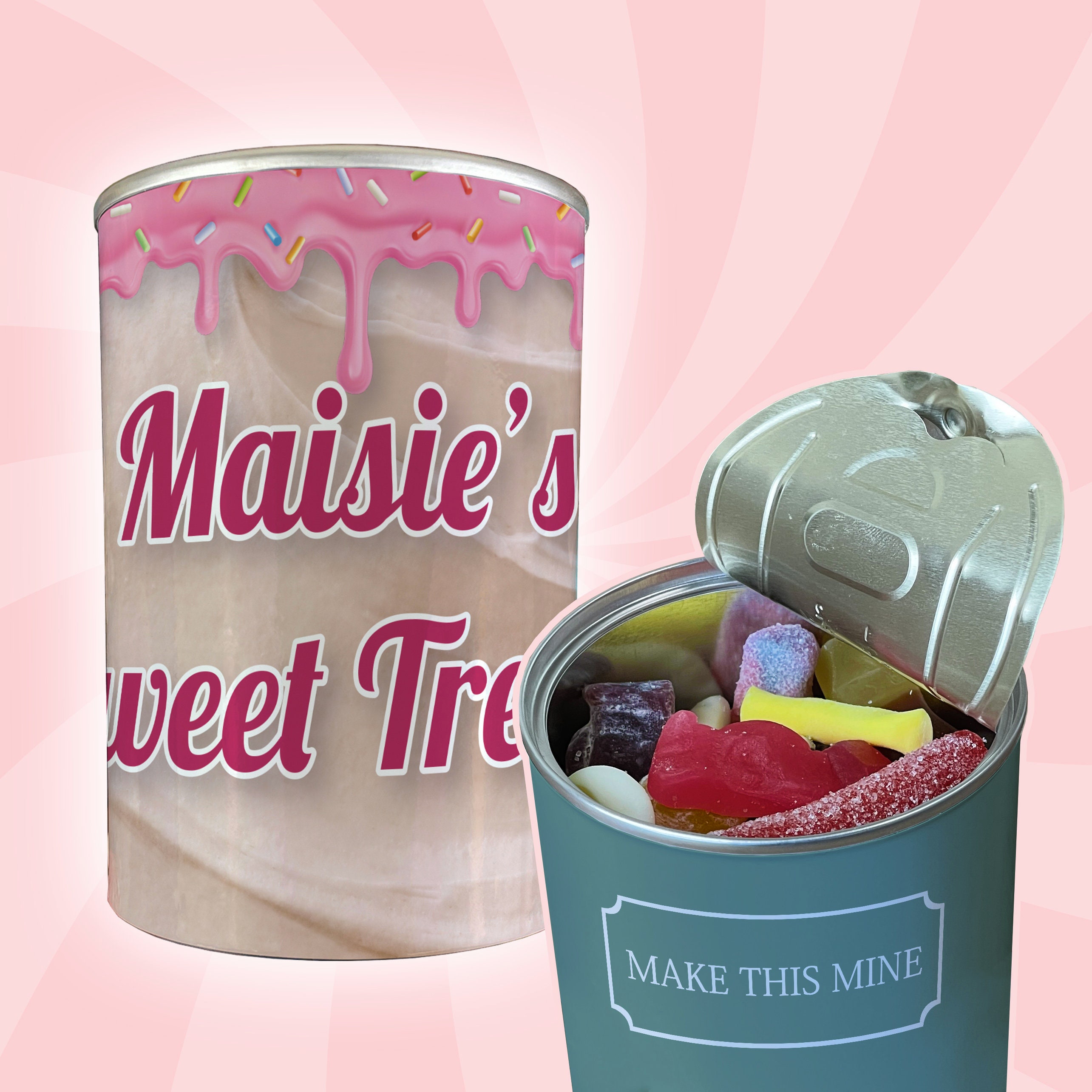 Personalisierte Pick & Mix Süßigkeiten Blechdose mit rosa 