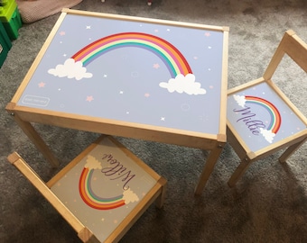 Personalised Children's Ikea LATT Wooden Table and 2 Chairs Rainbows, Sparkle Princess, children,