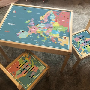 Personalisiertes Kinder STICKER SET für Ikea LATT Holztisch und 2 Stühle Europa Karte mit Sehenswürdigkeiten, Lernen, Schule, Kinder, Geografie