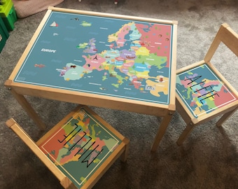 Personalisiertes Kinder STICKER SET für Ikea LATT Holztisch und 2 Stühle Europa Karte mit Sehenswürdigkeiten, Lernen, Schule, Kinder, Geografie