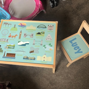 Personalisiertes KinderSticker Set für Ikea LATT Holztisch und 1 Stuhl Gedruckte UK Sehenswürdigkeiten, Lernen, Schreibtisch, Schule, Kinder, Geografie