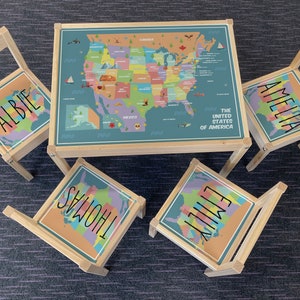 Personalisierter Kinder Ikea LATT Holztisch und 4 Stühle Gedruckte USA Karte mit Sehenswürdigkeiten, Lernen, Schreibtisch, Schule, Kinder, Geographie