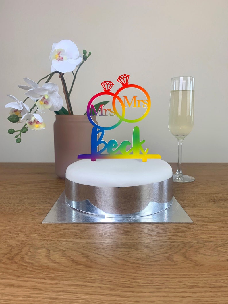 Personalised Wedding Cake Topper Perspex Custom Name Choose Your Background Decorative Wedding Cake Topper Pride Mrs & Mrs Rings Design image 1