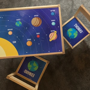 Personalisierte Kinder Ikea LATT Holztisch und 2 Stühle gedruckt Planeten Sonnensystem Spielkarte Matte Kinder Mädchen Freund Junge