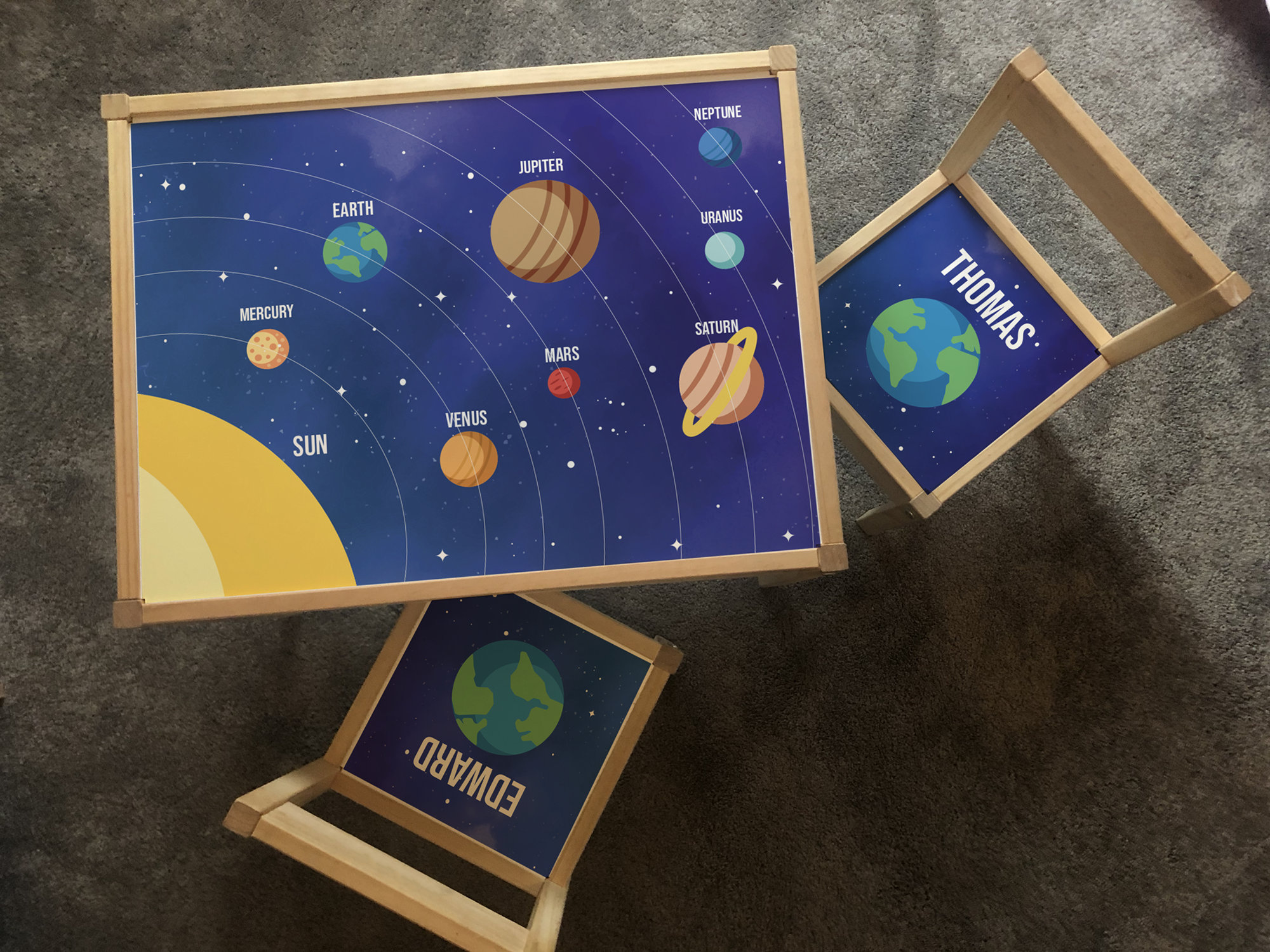 Personalised Children/'s Ikea LATT Wooden Table and 4 Chairs Printed Space Astronaut Planets Solar System Rockets Play Map Mat Kids Girl Boy