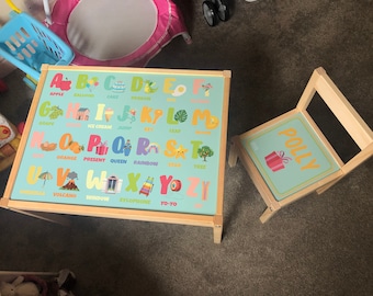 Personalised Children&#39;s STICKER ONLY for Ikea LATT Wooden Table and 1 Chair Printed Object Alphabet Mat Kids Girls Friends Boys Family