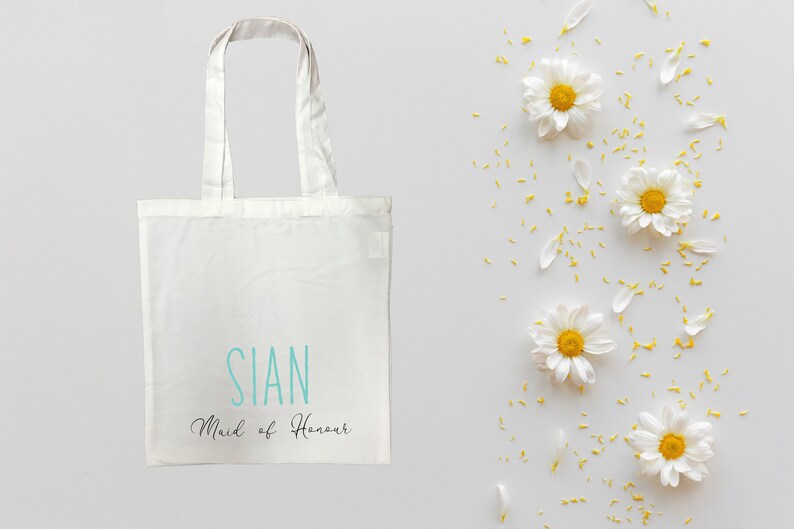 Your Name Unique Bride tribe Blue Personalised Maid of Honour Tote Bag Hen Party Blue Writing Wedding Gift