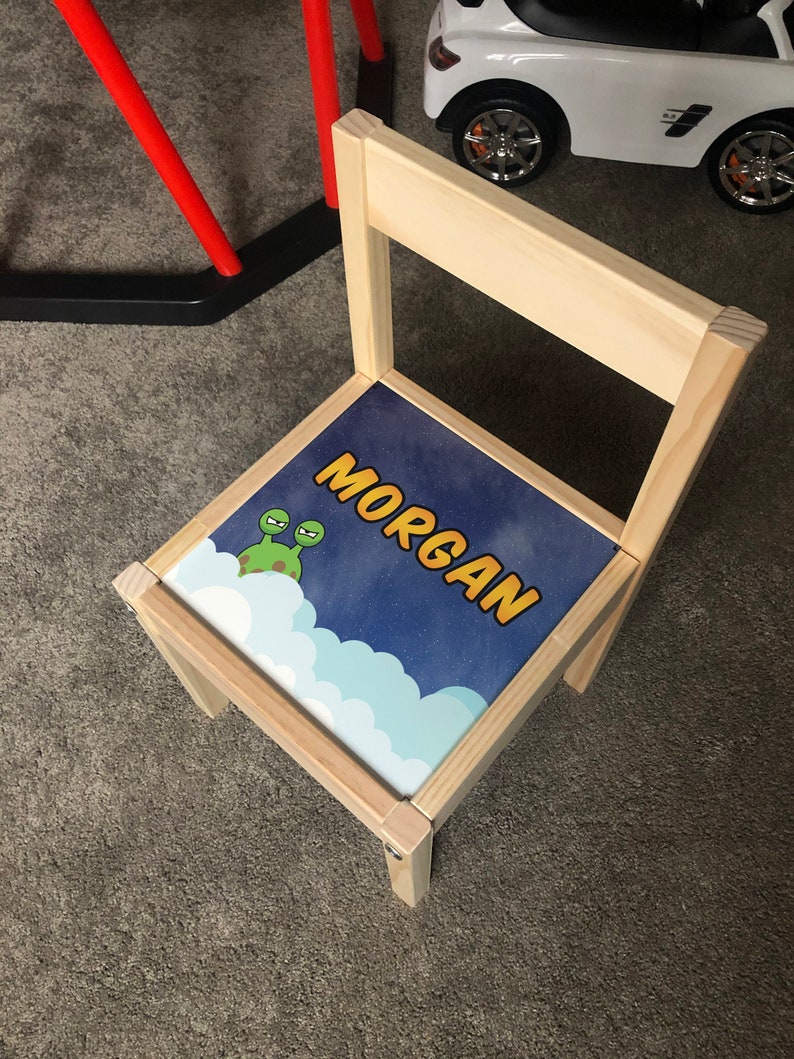 Personalised Children/'s Ikea LATT Wooden Table and 4 Chairs Printed Space Astronaut Planets Solar System Rockets Play Map Mat Kids Girl Boy