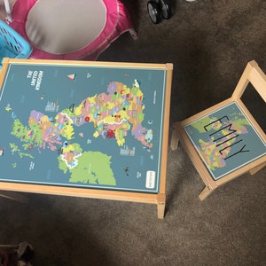 Personalisierter Kinder Ikea LATT Holztisch und 1 Stuhl gedruckte UK Karte mit Sehenswürdigkeiten, Lernen, Schreibtisch, Schule, Kinder, Geographie