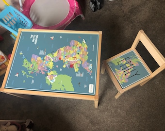 Personalisiertes Kinder STICKER Set für Ikea LATT Holztisch und 1 Stuhl UK Karte mit Sehenswürdigkeiten, Lernen, Schule, Kinder, Geografie