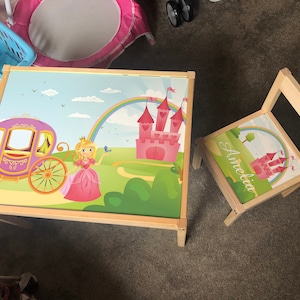 Table en bois IKEA LATT pour enfants personnalisée et 1 chaise imprimée princesse conte de fées château arc-en-ciel rose jouer carte tapis enfants filles ami garçon