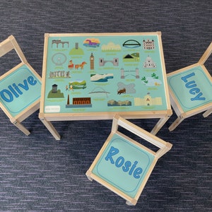 Personalisierte Kinder Ikea LATT Holztisch und 3 Stühle gedruckt UK Sehenswürdigkeiten, Lernen, Schreibtisch, Schule, Kinder, Geographie