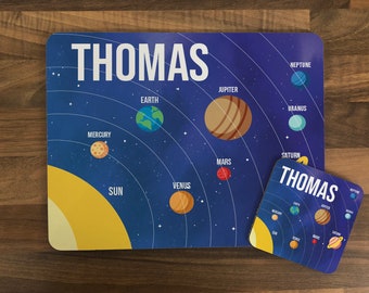 Personalised Kids Planets Hardboard Placemat & Coaster Set, Any Name, Dinner, Fun, Colourful, Gift