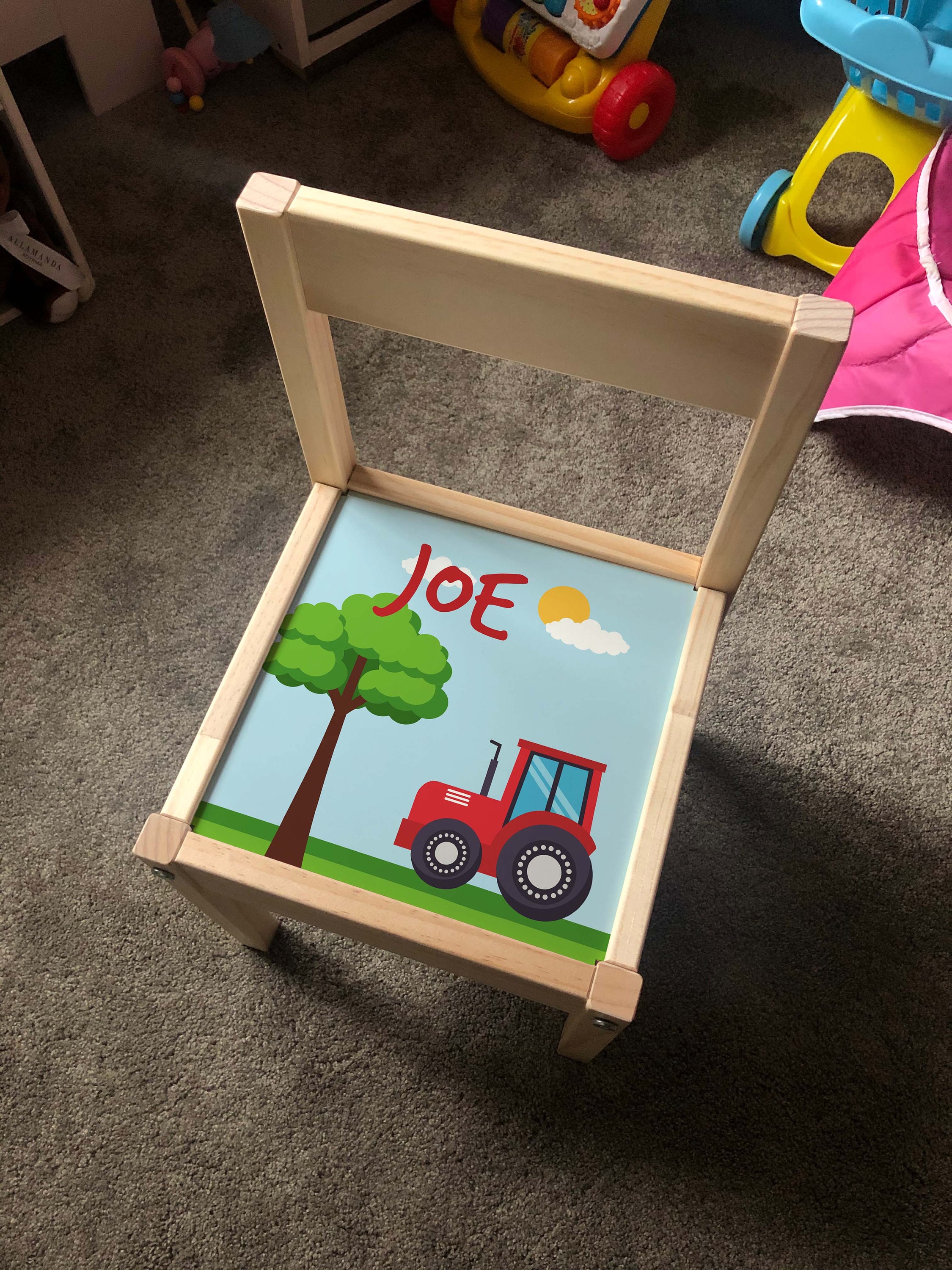 Personalised Children's Ikea LATT Wooden Chair Printed Farm Design Cute Tractor Kids Girls Friends Boys Family