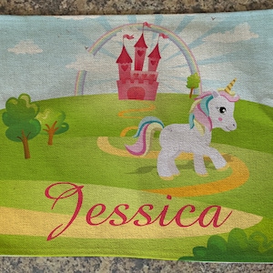 Personalised Kids Placemat Table Mat Fairytale Unicorn Design, linen style, childrens, reusable, princess, dinner