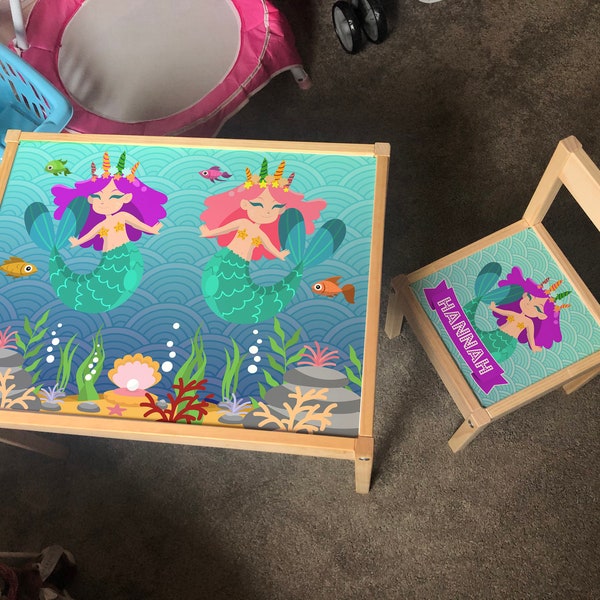 Personalised Children's Ikea LATT Wooden Table and 1 Chair Printed Mermaid UnderWater Seaside Beach Holiday Sea Play Aquaman Kids Girls Boys