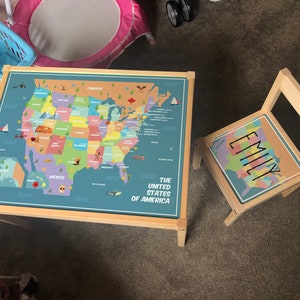 Personalisiertes KinderSticker Set Ikea LATT Holztisch und 1 Stuhl USA Karte mit Sehenswürdigkeiten, Lernen, Schreibtisch, Schule, Kinder, Geografie