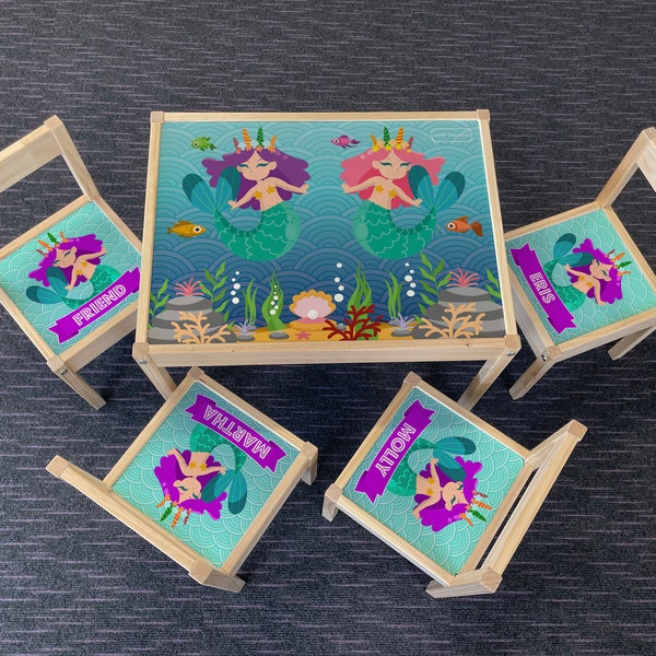 Personalised Children's Ikea LATT Wooden Table and 4 Chairs Printed Mermaid UnderWater Seaside Beach Holiday Sea Play Aquaman Kids Boy Girl