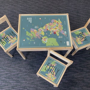 Personalisierter Kinder Ikea LATT Holztisch und 3 Stühle Gedruckte UK Karte mit Sehenswürdigkeiten, Lernen, Schreibtisch, Schule, Kinder, Geographie