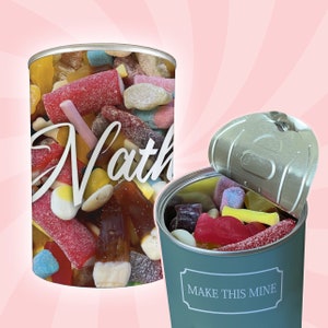 Personalised Pick & Mix Sweets Tin Can with Sweets Photo Design, any custom name, Christmas or birthday gift, stocking filler