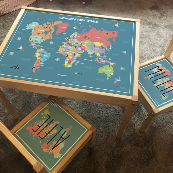 Table en bois Ikea LATT personnalisée pour enfants et 2 chaises carte du monde imprimée avec repères, apprentissage, bureau, école, enfants, géographie