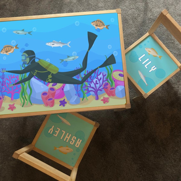 Personalised Children's STICKER ONLY for Ikea LATT Wooden Table and 2 Chairs Scuba UnderWater Seaside Beach Holiday Map Mat Kids Girls Boys