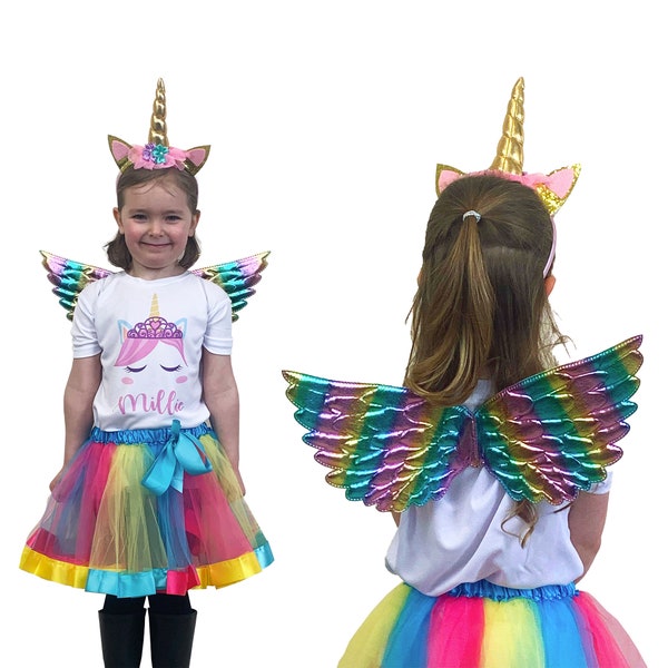 Ensemble personnalisé de costumes de licorne arc-en-ciel pour enfants avec ailes, bandeau en corne, jupe en tutu, t-shirt personnalisé, déguisement, enfants, princesse