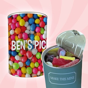 Personalised Pick & Mix Sweets Tin Can with Gum Balls Design, any custom name, Christmas or birthday gift, stocking filler