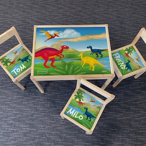 Table en bois IKEA LATT pour enfants personnalisée et 3 chaises imprimées dinosaure Dino1 T-rex Egg Play Map Mat Kids Girls Friends Boys Family