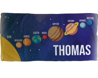 Personalised Children's Planet Solar System Microfiber Towel, 50 x 100cm, Any Name, Colourful, Bath, Beach