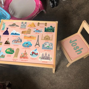Personalisierter Kinder Ikea LATT Holztisch und 1 Stuhl gedruckt Welt Wahrzeichen, Lernen, Schreibtisch, Schule, Kinder, Geographie