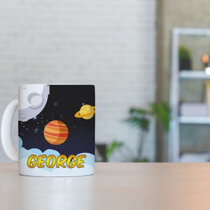 Personalised Children&#39;s Space 10oz Ceramic Mug, Planets, Astronaut, Outer Space, Aliens, Any Name, Colourful, Cute
