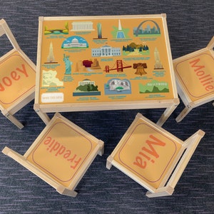 Personalisierte Kinder Ikea LATT Holztisch und 4 Stühle gedruckt USA Amerikanische Sehenswürdigkeiten, Lernen, Schreibtisch, Schule, Kinder, Geographie