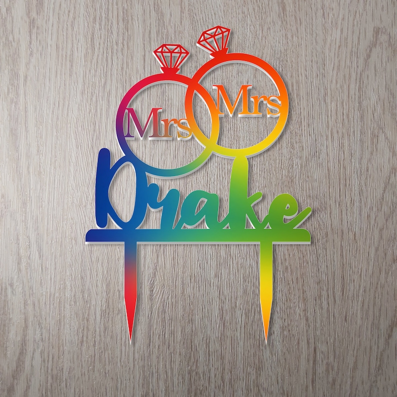 Personalised Wedding Cake Topper Perspex Custom Name Choose Your Background Decorative Wedding Cake Topper Pride Mrs & Mrs Rings Design image 4