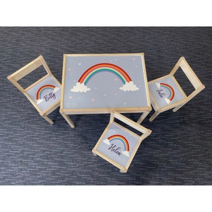 Table en bois IKEA LATT pour enfants personnalisée et 3 chaises imprimées nuage arc-en-ciel étoile jouer carte tapis enfants filles amis garçons mignon arc-en-ciel