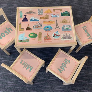 Personalisierter Kinder Ikea LATT Holztisch und 4 Stühle gedruckt Welt Wahrzeichen, Lernen, Schreibtisch, Schule, Kinder, Geographie