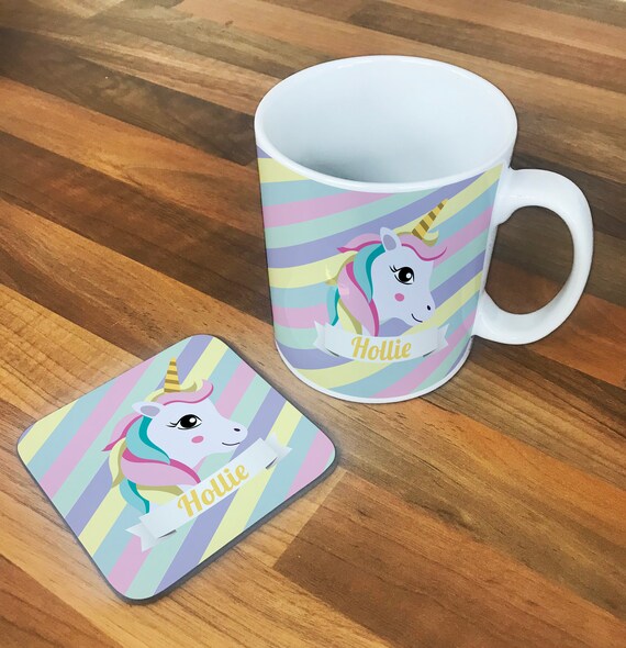 Personalized Unicorn ceramic mug & coaster set 8 images to choose brand new