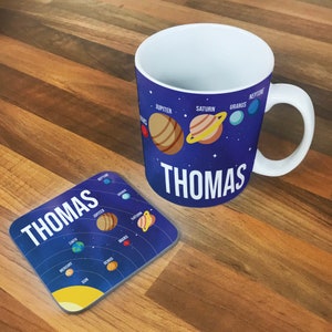 Personalised Children&#39;s Planet 10oz Ceramic Mug And Coaster Set, Planets, Solar System, Any Name, Colourful, Gift, Mug, Hot Drink