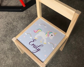 Personalised Children&#39;s Ikea LATT Wooden Chair Printed Unicorn Sparkle Rainbow Star Play Map Mat Kids Girls Friends Boys Family