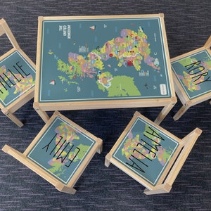 Personalisierter Kinder Ikea LATT Holztisch und 4 Stühle Gedruckte UK Karte mit Sehenswürdigkeiten, Lernen, Schreibtisch, Schule, Kinder, Geographie