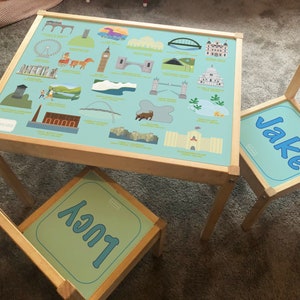 Personalisierte Kinder Ikea LATT Holztisch und 2 Stühle gedruckt UK Sehenswürdigkeiten, Lernen, Schreibtisch, Schule, Kinder, Geographie